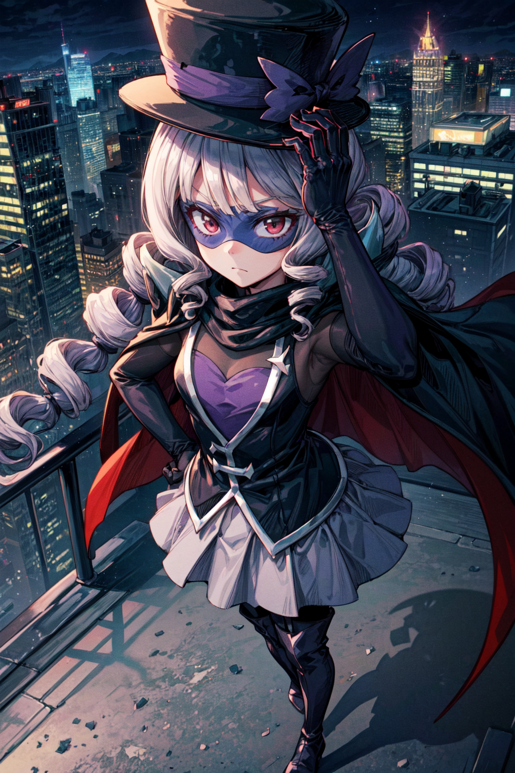 01080-1858809443-masterpiece,best quality,1girl,gentlu,drill hair,very long hair,cape,long sleeves,mask,domino mask,top hat,grey skirt,thigh boot.png